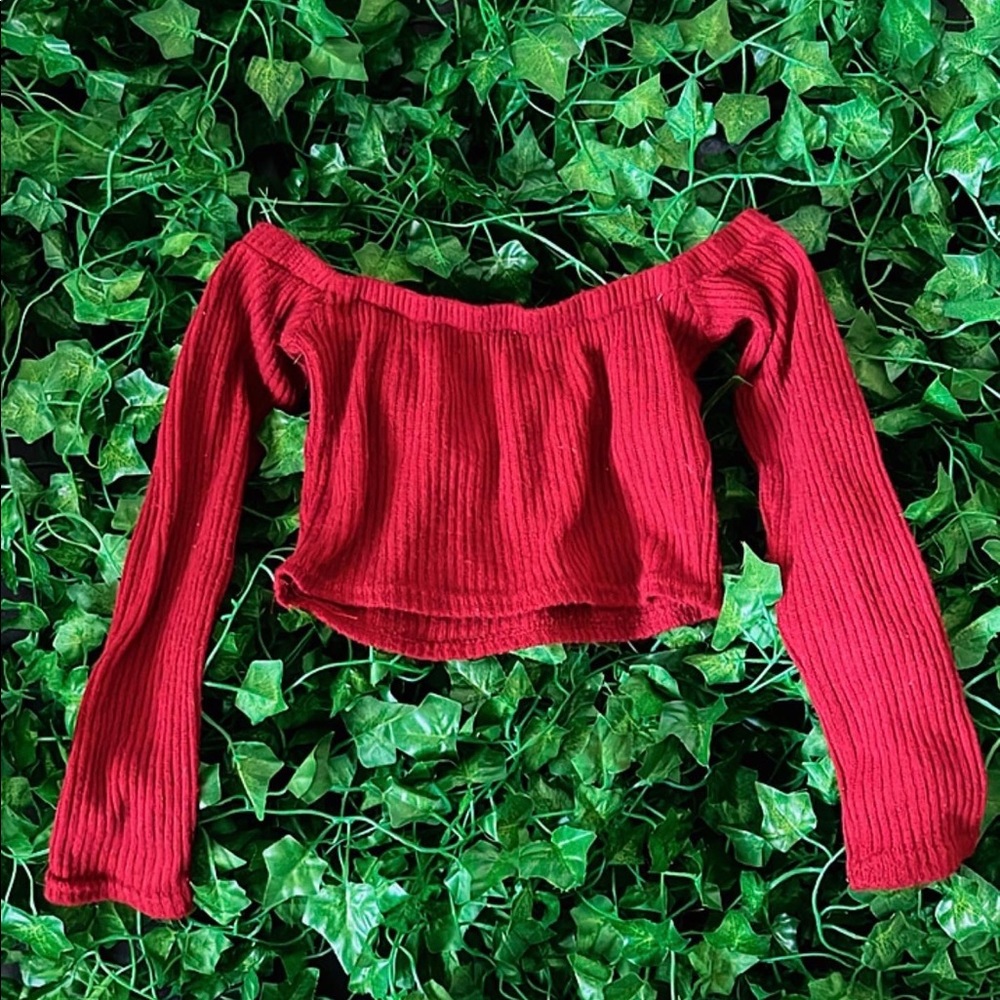 Burgundy Off Shoulder Long Sleeve Crop Top